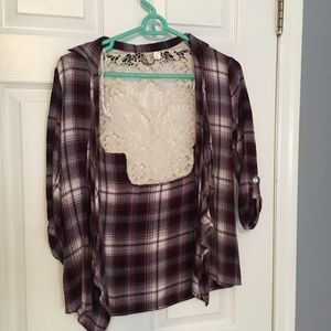 Flannel Cardigan with Lace Detail